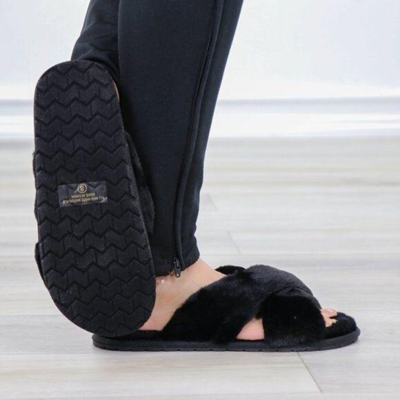 Cross Strap Black Puff Fuzzy Furry Fluffy Slip On Plush Slippers - Picture 5 of 12